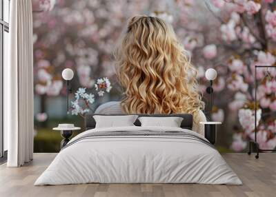 Beautiful young woman with long curly blonde hair from behind holding blooming branch of sakura tree Wall mural