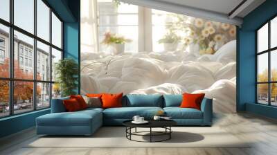 Bed Mattress and Pillows Mess up Bedroom in morning sunlight, White bedding sheets and pillow background, Messy bed after good sleep concept, with beautiful sunshine window and flowers on backgrounds. Wall mural