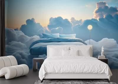 Bed stand in blue fluffy cloud - symbolic for good sleep, sky setting Wall mural