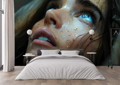 Biblical character. Emotional close up portrait of a woman with blue eyes in a veil looking up.  Wall mural