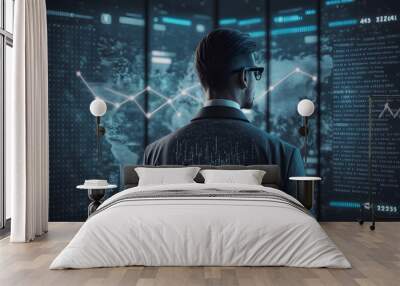 Big data technology and data science with person from the back, data flowing on virtual screen. Business analytics, artificial intelligence, machine learning. Engineer or scientist. Wall mural