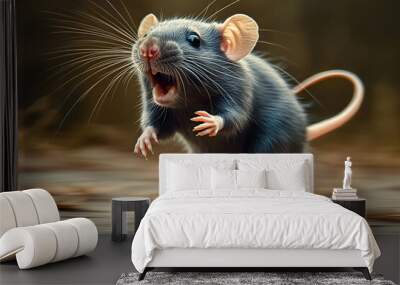 Big gray rat running away while screaming and looking scared Wall mural