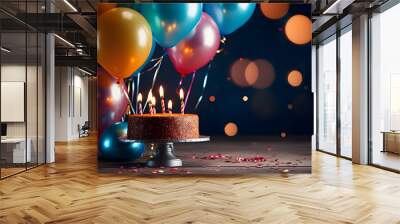 birthday party balloons, colourful balloons background and birthday cake with candles Wall mural