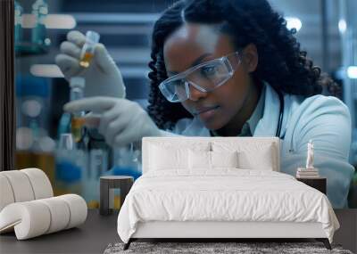 Black African american female scientist examining medical vials in research lab. Diversity equality  AI Wall mural