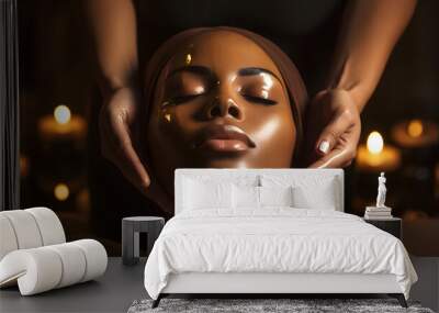 Black woman receiving massage and facial treatment at luxury spa. Wall mural