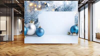 Blue and white empty background with a chrismas decorations. Copy space for text. Good for banners Wall mural