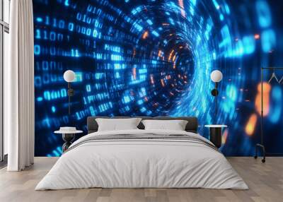 Blue binary data worm hole background and glow neon binary code tunnel. Wall mural