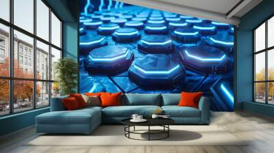 blue hexagons pattern, luxury, neon blue lights coming from inside the hexagons, cinematic shot Wall mural