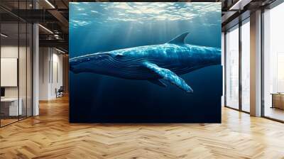 blue whale swims alone in the deep ocean, AI generated Wall mural