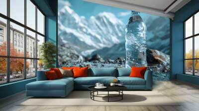 Bottle and glass of pouring crystal water against blurred nature snow mountain landscape background. Organic pure natural water. Healthy refreshing drink. Wall mural