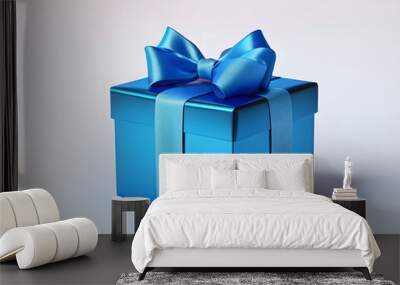 Bright blue gift box tied with satin ribbon on light background Wall mural