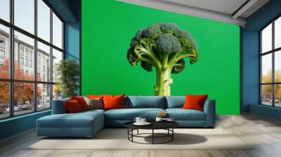 broccoli soars in the air on a green background with a shadow. Creative flying food concept.Square minimalistic vegetable background with free copy space for text Wall mural