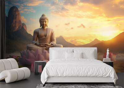 buddha sitting on a lotus flower, with a background of the sky with the sun and mountains Wall mural