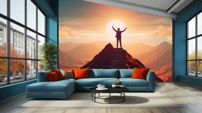 Business success concept with businessman on top of mountain, illustration Wall mural