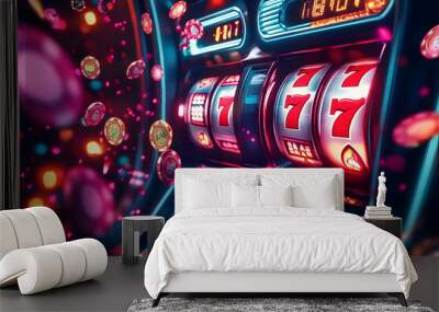 casino slot machine display with spinning reels and flying coins in a neon light setting Wall mural