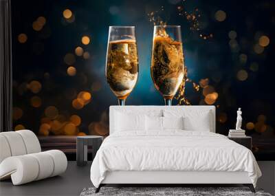 Celebration toast with champagne. New Year's cards. Wall mural