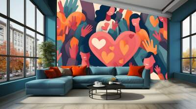 Charity illustration concept with abstract, diverse persons, hands and hearts. Community compassion, love, and support towards those in need. Wall mural