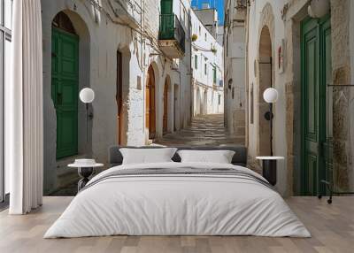 Charming narrow alley with old buildings in ostuni, puglia, italy, showcasing traditional architecture and green doors on a sunny day. Wall mural