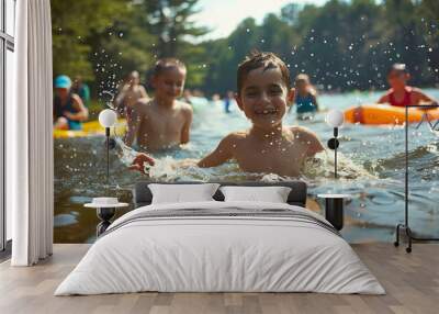 Children enjoying water activities at a summer camp lake Wall mural