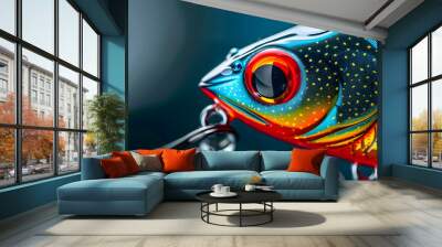 Close-up of a brightly colored fishing lure with detailed textures and vibrant hues, perfect for anglers and fishing enthusiasts. Wall mural