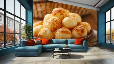 Closeup of brazilian cheese bread pao de queijo on a plate on table, table, Closeup, bread, plate Wall mural