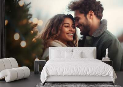 Closeup photo of cute couple spending holly Christmas eve in decorated garland lights house near Chrismas tree outdoors Wall mural