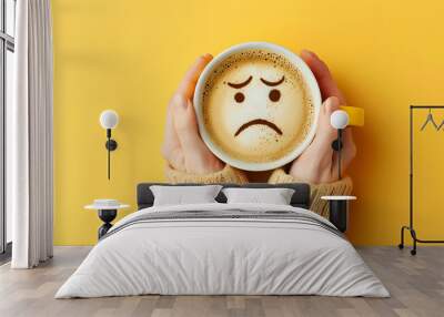 Closeup woman hands holding coffee cup with sad face drawn on coffee, top view angle on isolated yellow background Wall mural