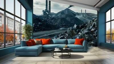 Coal pile and industrial chimneys on natural black coal backdrop Issues with coal energy fossil fuel emissions and environmental impact Wall mural