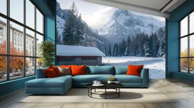 Cold winter scenery with chalet in the mountains Wall mural