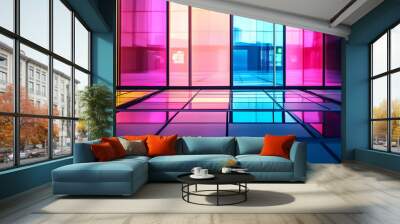 colorful glass windows in front of buildings that feature several colored lines, Wall mural