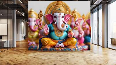 colorful indian hindu religion god ganesh or ganesha idol for offering prayers during hindu festival Ganesh chathurthi,wedding,hindu ceremony,opening ceremony,good luck, invitation,white background Wall mural