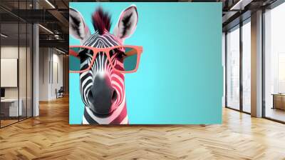 Creative animal concept. Zebra in sunglass shade glasses isolated on solid pastel background, commercial, editorial advertisement, surreal surrealism. Wall mural