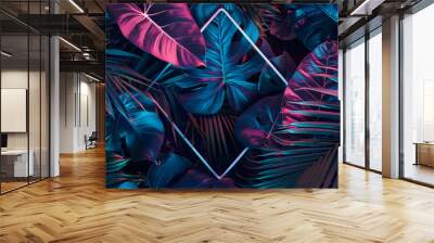 Creative fluorescent color layout made of tropical leaves. Flat lay neon colors. Nature concept. Wall mural