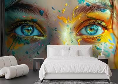 Creative sight. painted eyes with colorful brushes and vernice. Wall mural