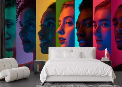 Cropped portraits of group of people on multicolored background in neon light. Collage made of 7 models Wall mural