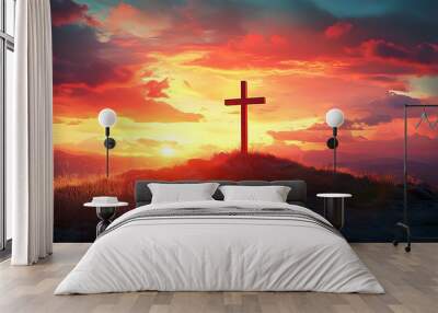 cross at sunset, ai generated Wall mural