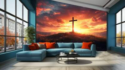 cross at sunset, ai generated Wall mural