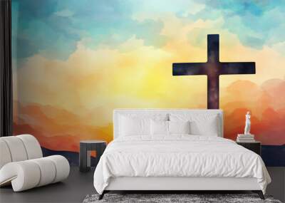 Cross in the sky. Abstract Easter Sunday Silhouette cross and Spiritual Sunrise Watercolor illustration background Wall mural