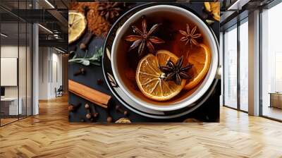 Cup of aromatic tea with spices, herbs, dried fruit orange slices. Top view. Generated AI AI Wall mural