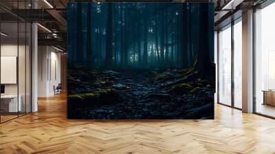 Dark and horrible night forest scenery. Neural network ai generated art Wall mural