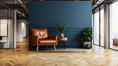 Dark blue living room interior with cozy leather armchair Wall mural