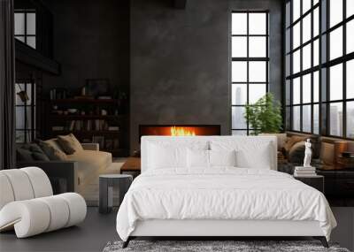 Dark living room loft with fireplace, industrial style. Wall mural