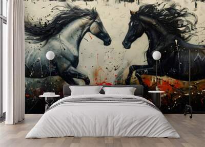 Detailed painting of modern abstract art, with metal elements, texture background, and animals and horses. Wall mural