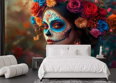 Dia de los Muertos, Mexican holiday. a beautiful woman with day of the dead face art, full body portrait, flowers in hair, blue and red roses, digital painting, vibrant colors, fantasy cinematic backg Wall mural