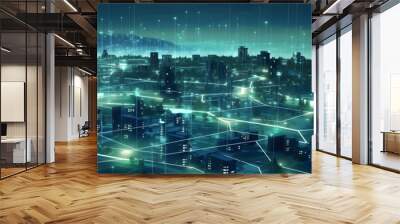 Digital city with high speed information and power grid. Digital community, smart society. DX, Iot, urban and rural nature areas digital network. digital society concept. Hand edited generative Wall mural