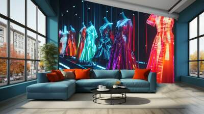 Digital fashion technology with virtual garments and interactive designs, showcasing tech innovations in the clothing industry. Wall mural