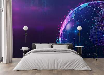 Digital technology background with blue gradient and digital world globe made of dots on dark purple background, data transfer concept Generative AI Wall mural