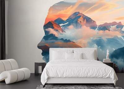 Double exposure combines a man's face, high mountains and forest. Panoramic view. The concept of the unity of nature and man. Dream, reminisce or plan a climb. Memory of a mountaineer. Illustration. Wall mural