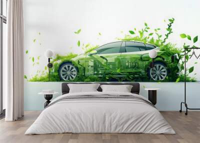 Electric car, clean green energy concept, EV car covered with green plants, illustration, Wall mural