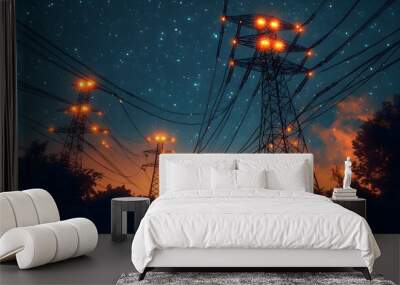 Electricity transmission towers with orange glowing wires the starry night sky. Energy infrastructure concept, energy, electricity, voltage, supply, pylon, technology Wall mural